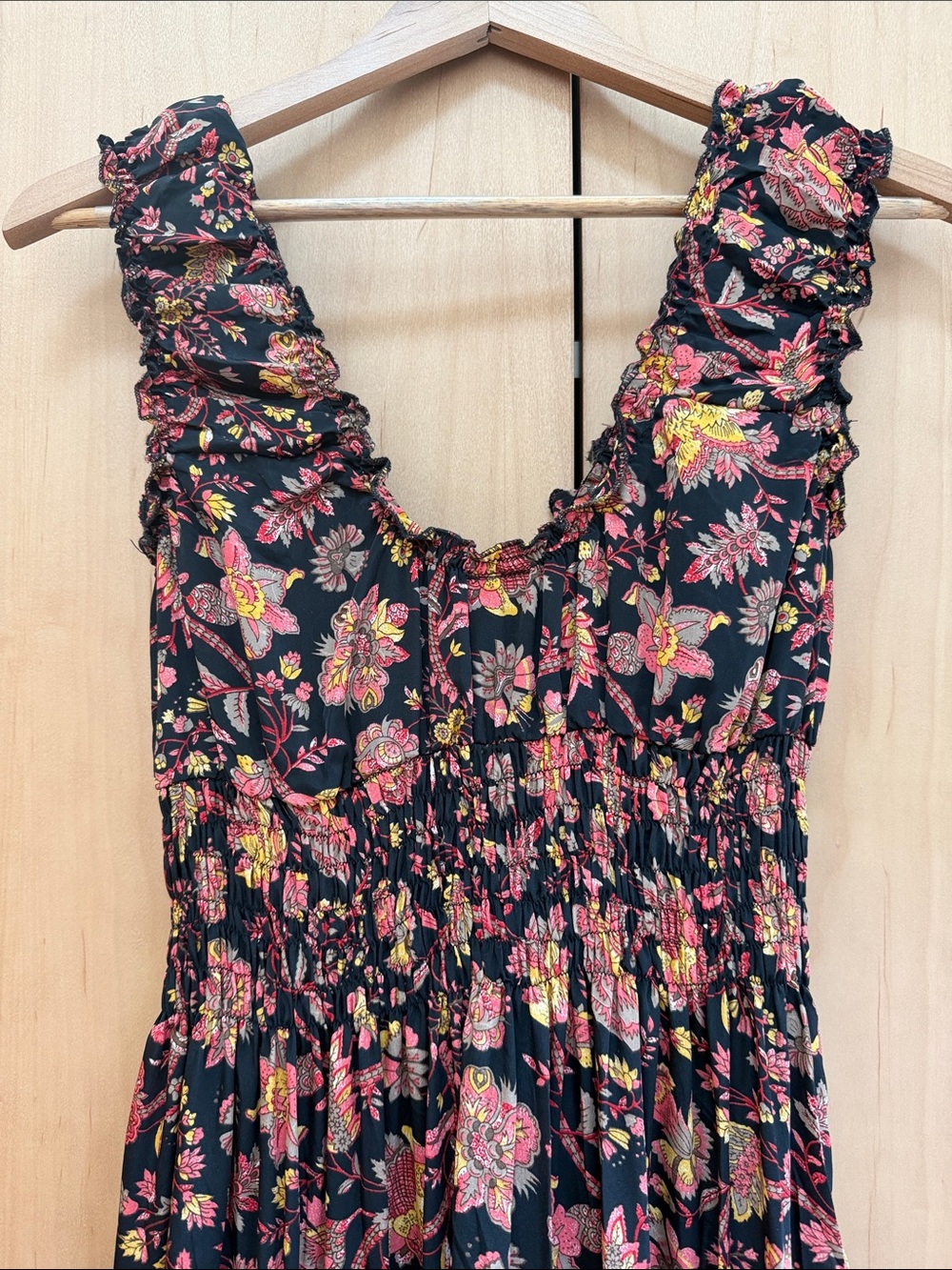 Smocked Floral Maxi Dress in Black with Pink & Gold Accents - Picture 4 of 4